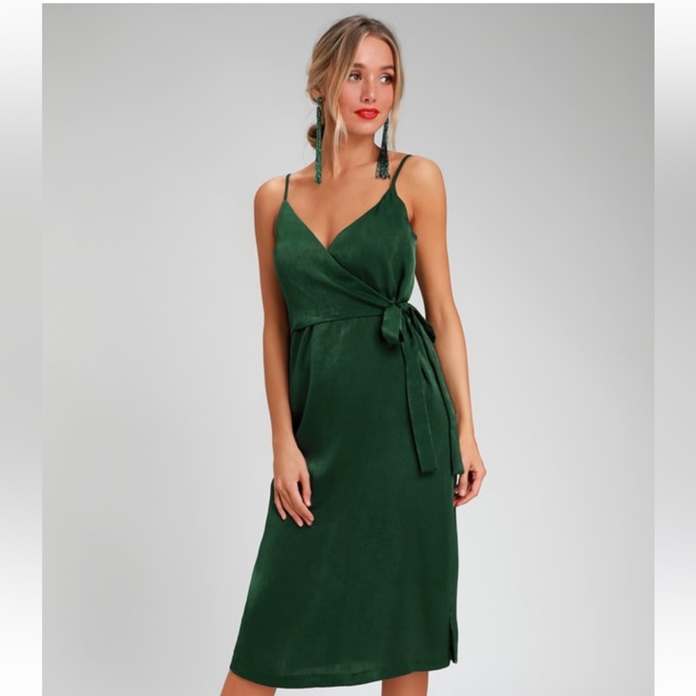Lulus Fall in Love Forest Green Forest Green Satin MIDI Dress